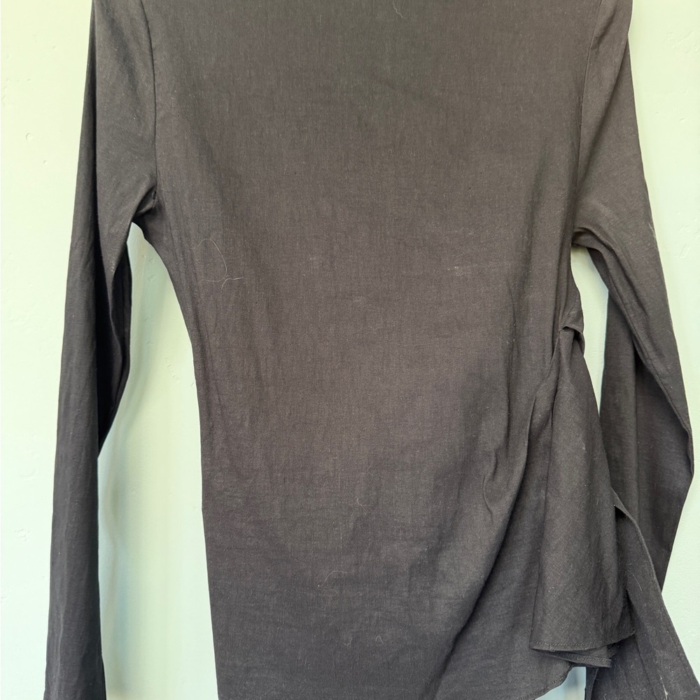 Zara Charcoal Boat Neck Tie Waist Long Sleeve Women's Top | Size Large - Picture 4 of 4